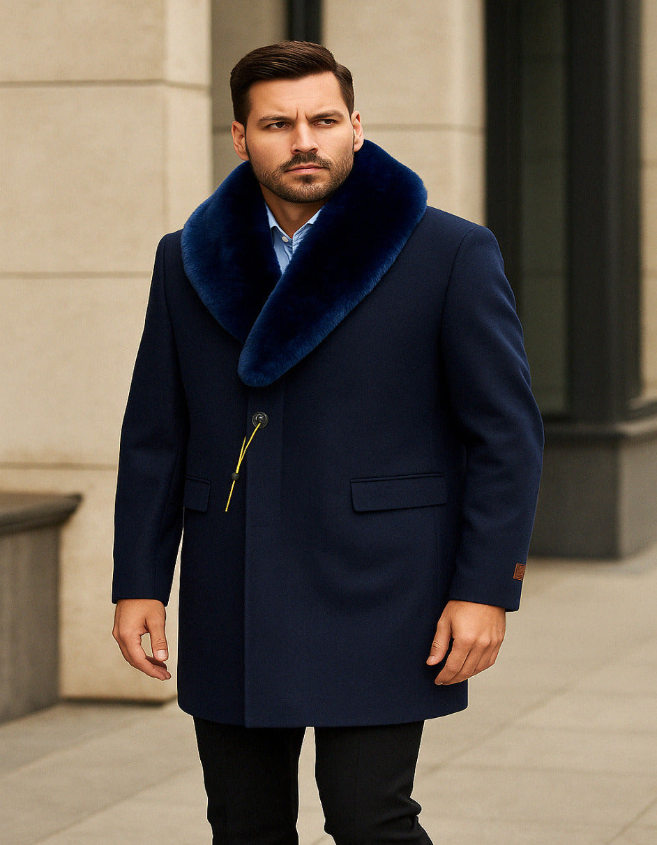 Coat Mens Navy Wool Overcoat with Royal Blue Faux Fur Shawl Collar