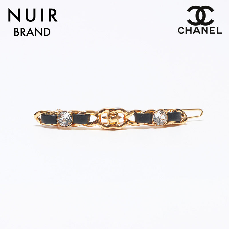 シャネル☆バレッタココマークロゴヘアピンヘアアクセヴィンテージ茶革