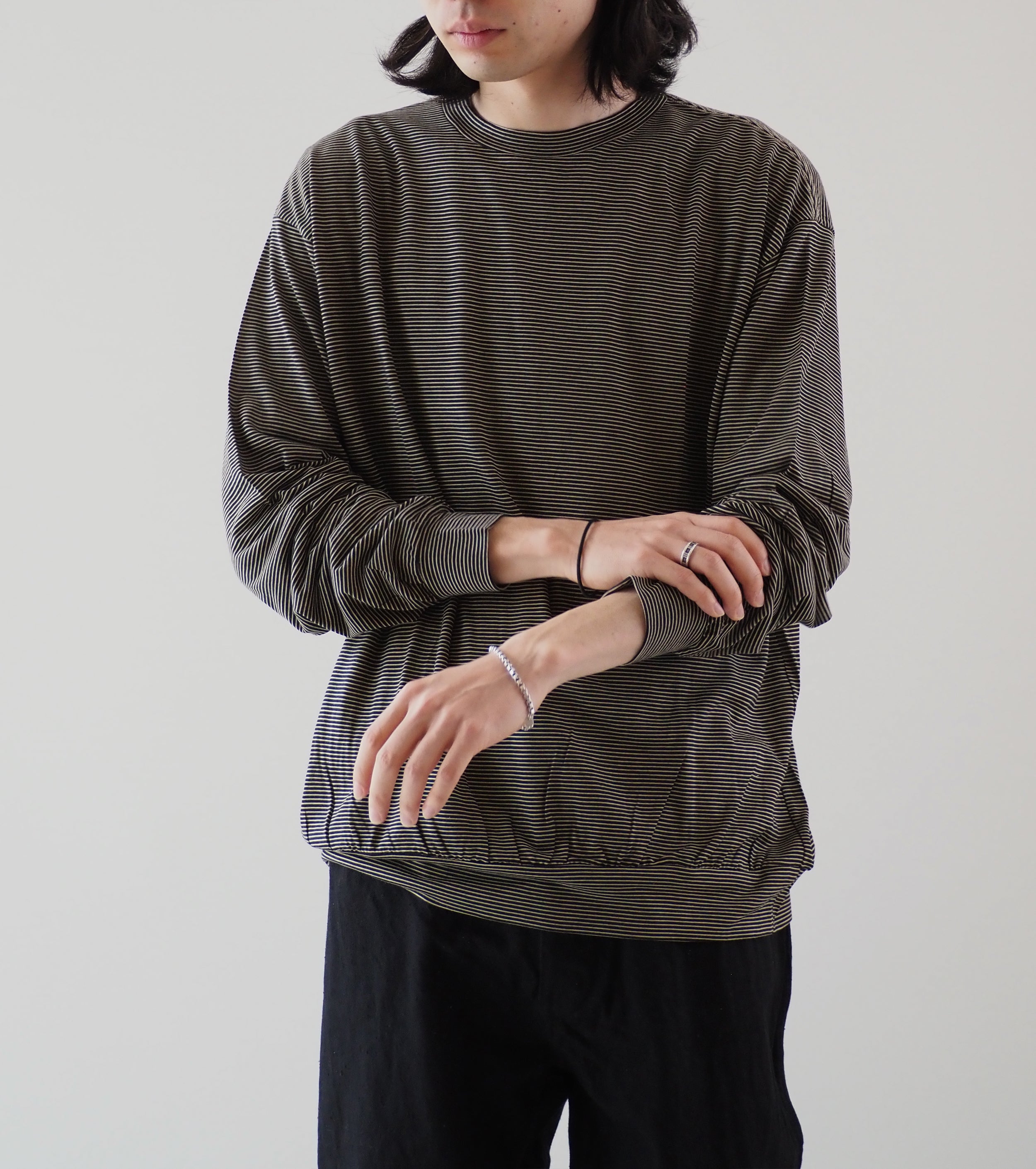 COMOLI サマー ウール 長袖クルー, Border – Navyblue