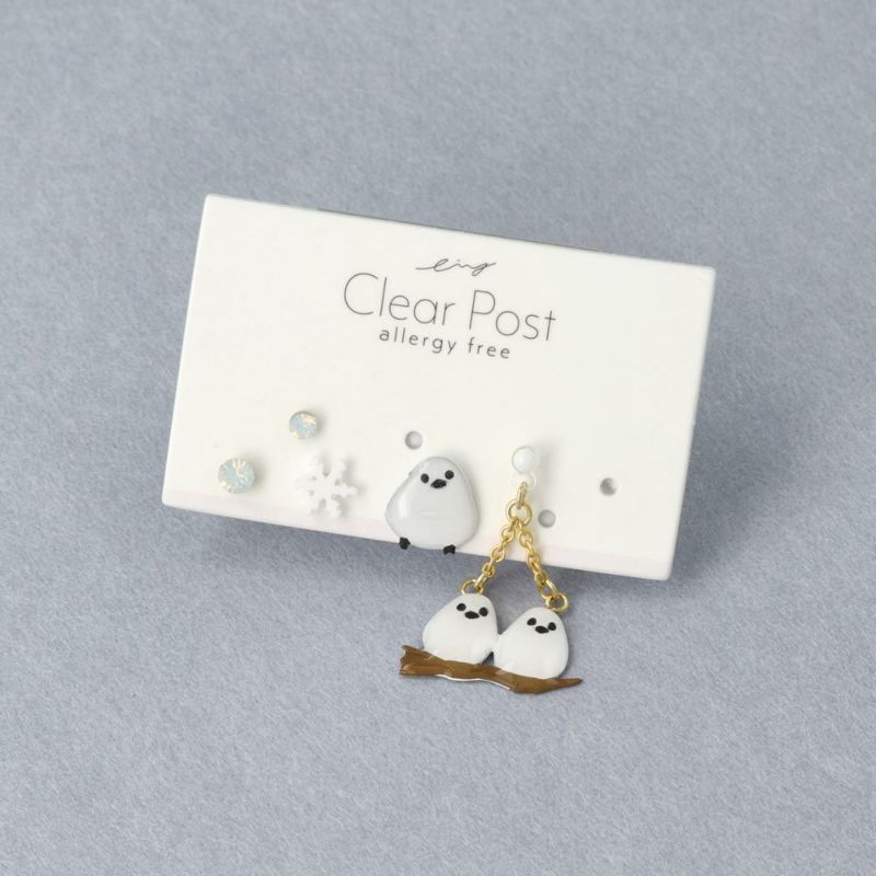 樹脂ピアス ニッケルフリー シマエナガ 鳥 小枝 雪の結晶 ストーン