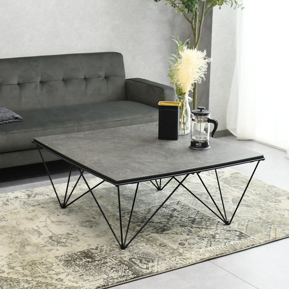 ローテーブル セラミック天板｜スクエア×アイアン脚・モダンデザイン