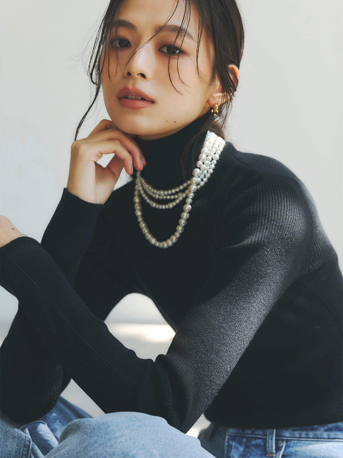 シルクカシミアブレンドフィットリブタートルニット