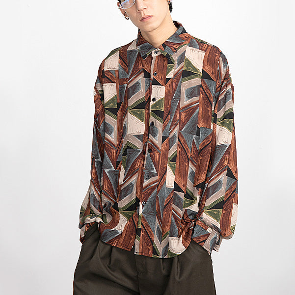 アースカラーの幾何学柄長袖シャツ – ArrrT