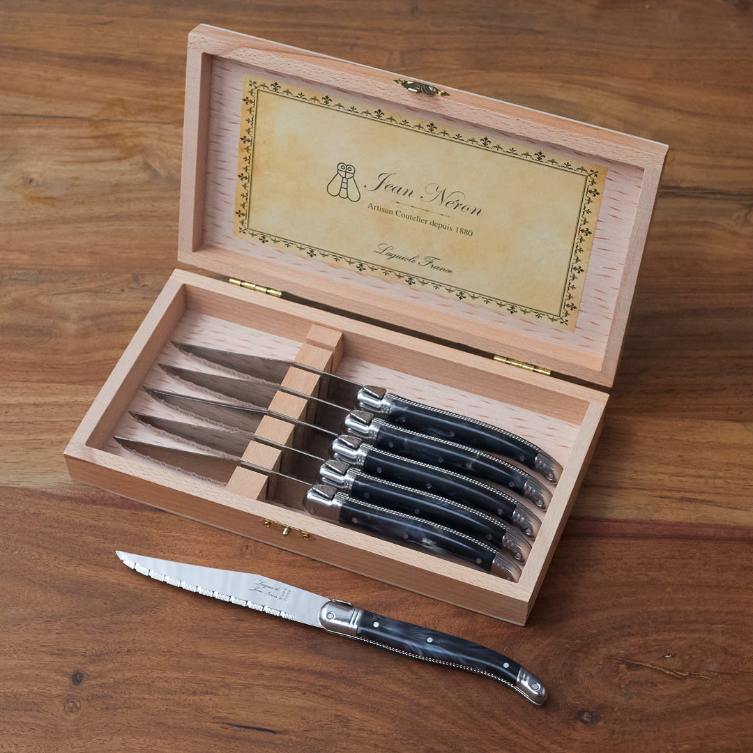 Laguiole 6 Piece Steak Knife Set, Platine Black Marble in Wood