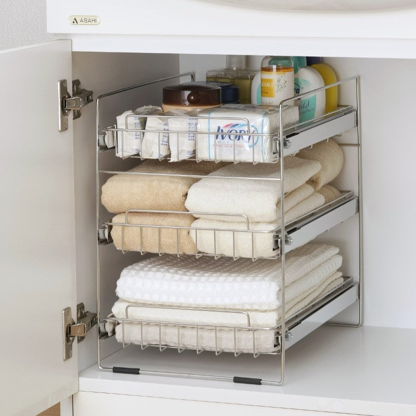 日本製 燕三条 ステンレス洗面台下ラック 3段 スライド棚 洗面台下収納