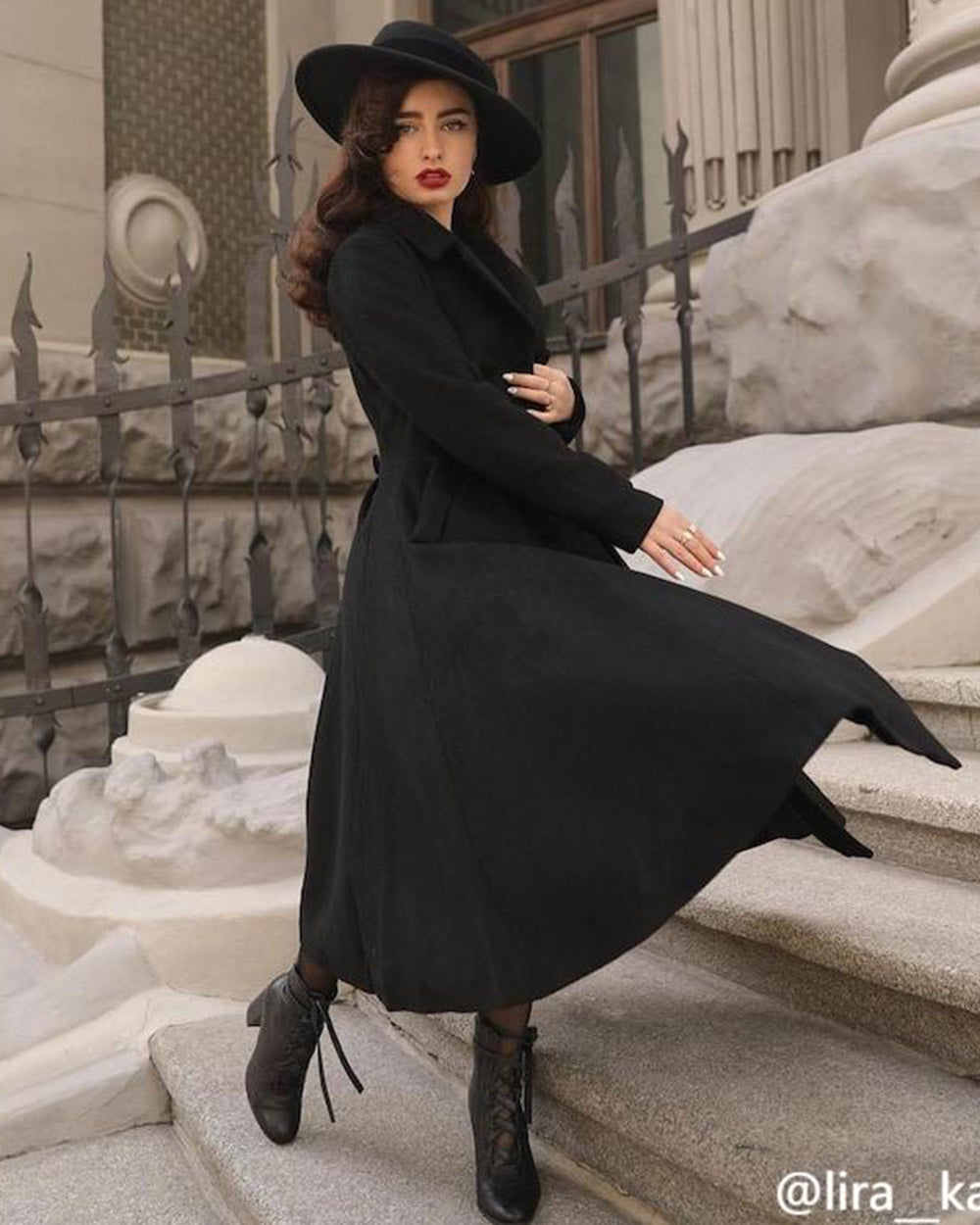 Black Wool Maxi Coat – Vintage Double Breasted Long Overcoat 2743
