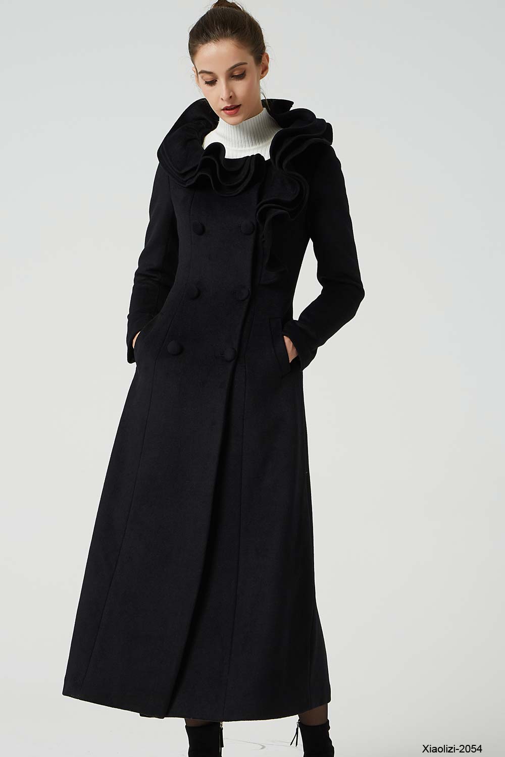 Handmade Black Ruffle Collar Wool Coat Women – Maxi Winter | Xiaolizi