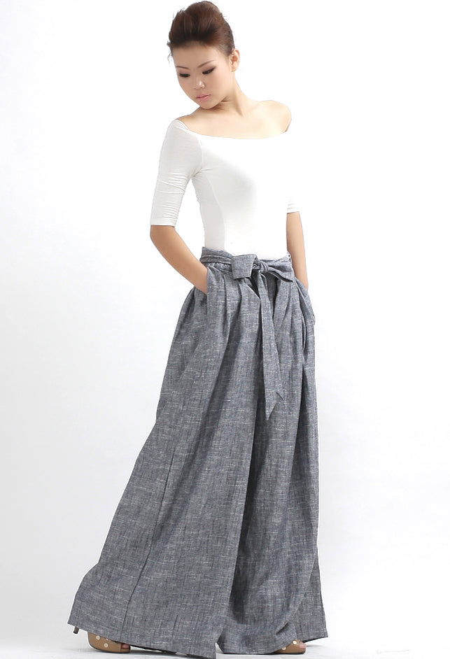 Gray Linen Wide-Leg Pants – Handmade Belted Summer | Xiaolizi 308