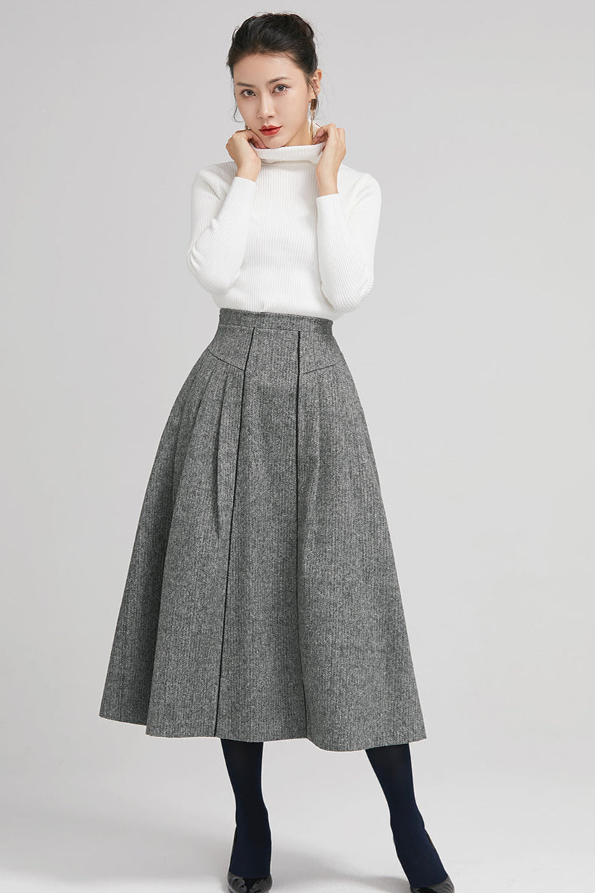 Gray Wool Pleated Midi Skirt with Pockets | Winter Style 2243