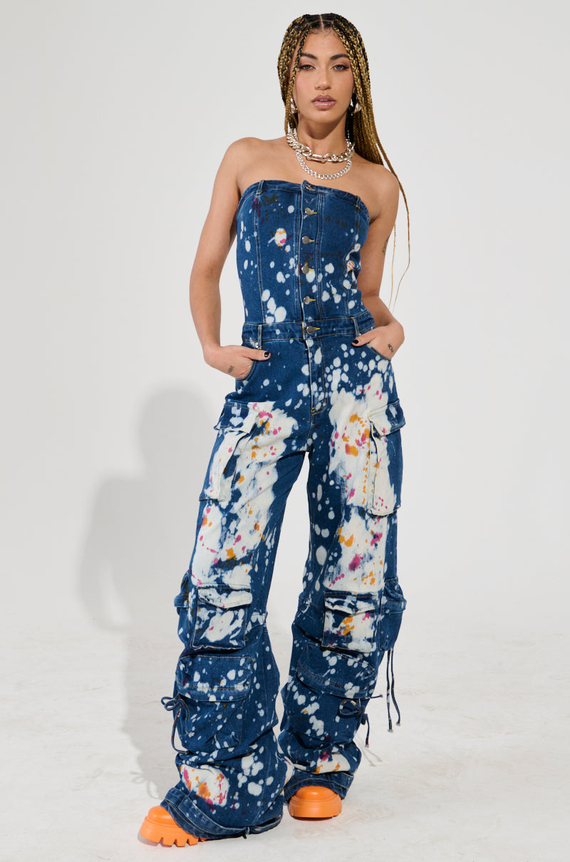 LAURYN STRAPLESS CARGO SPLATTERED DENIM JUMPSUIT – AKIRA