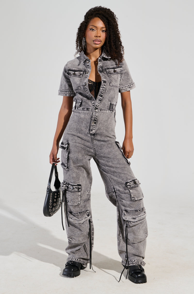 UTILITY CARGO DENIM JUMPSUIT IN GREY – AKIRA