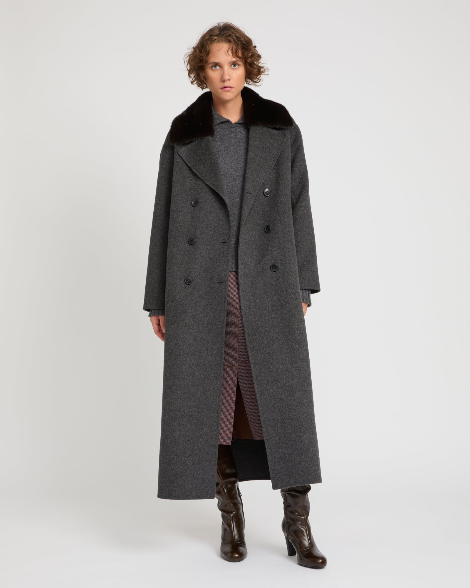 Cashmere wool coat with mink fur collar - grey - Yves Salomon