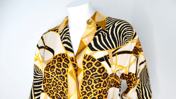Tom Ford for Gucci 1993 Runway Animal Print Silk Collared Button
