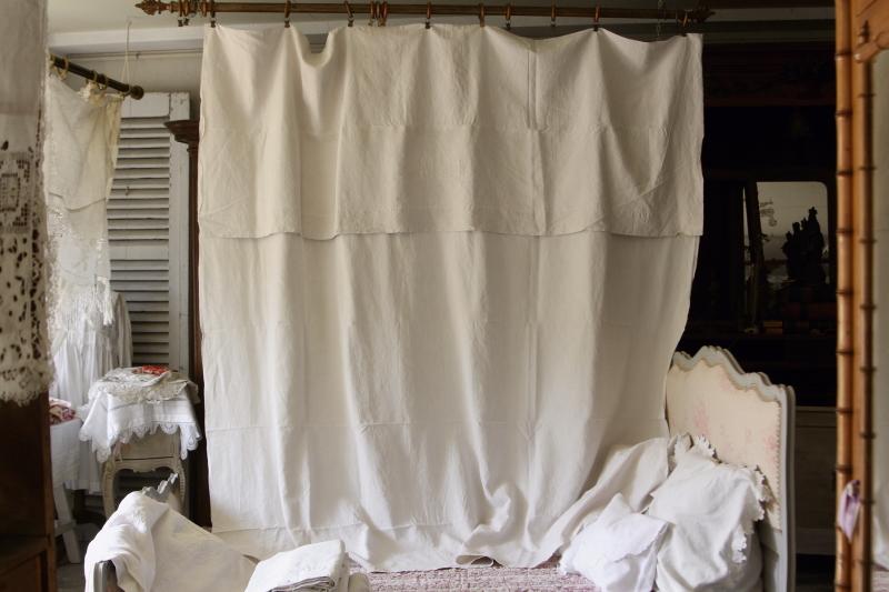 フランス アンティーク リネン シーツ 麻 モノグラム 刺繍 カーテン布地