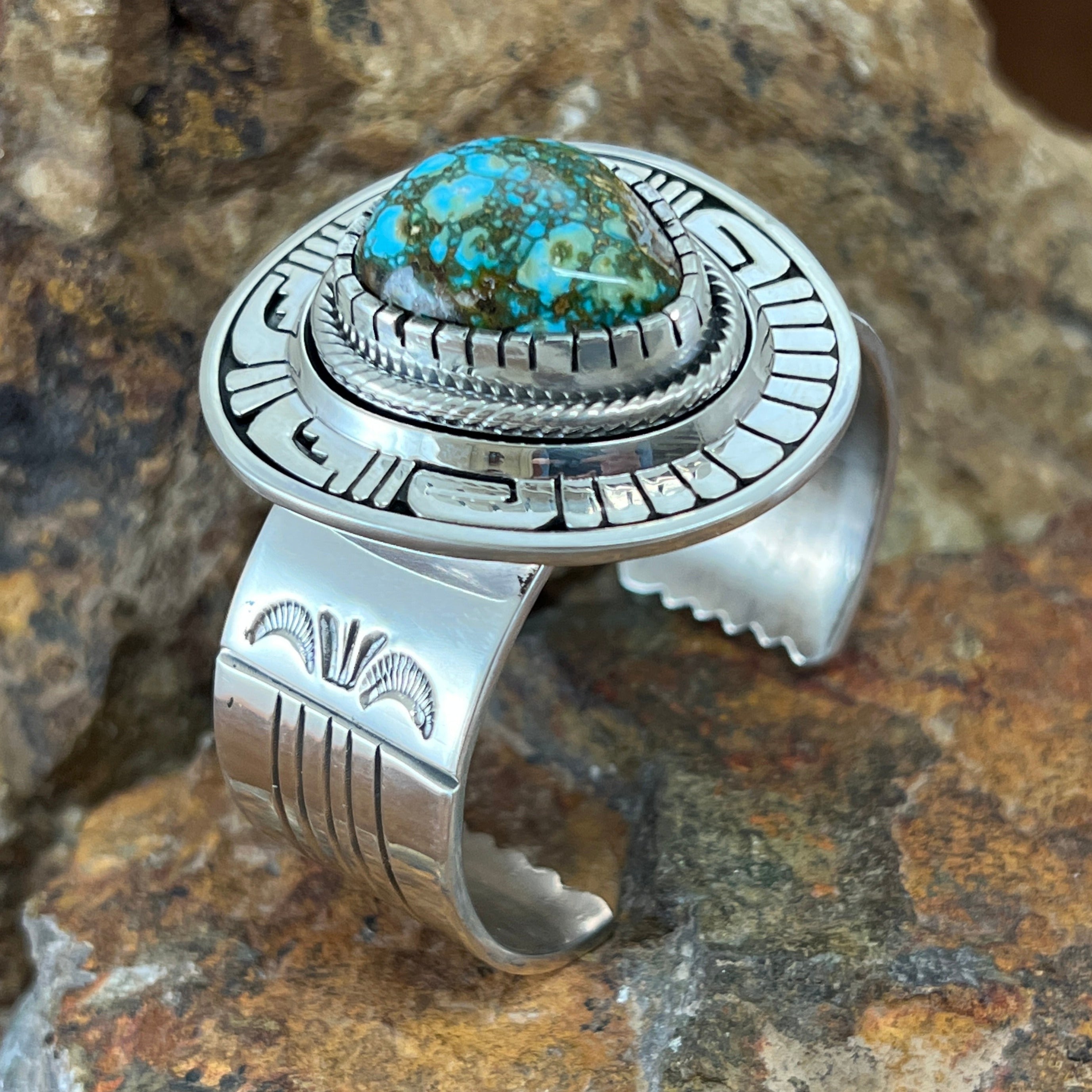 Kingman Turquoise Sterling Silver Bracelet by Leonard Nez – Black