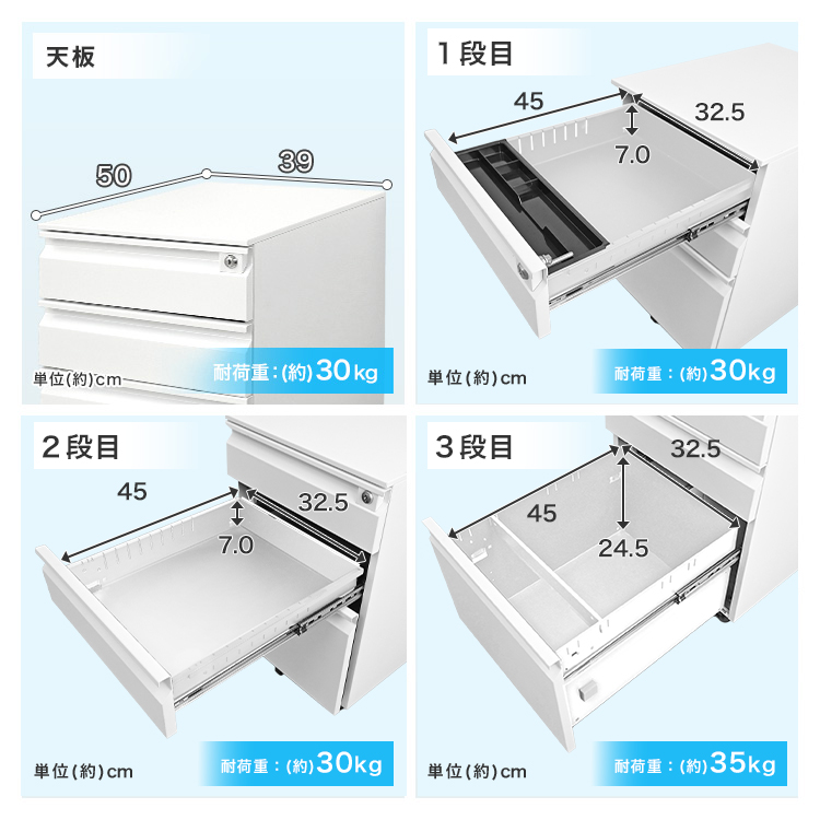 デスクワゴン 鍵付き サイドワゴン 3段 デスクキャビネット ワゴン
