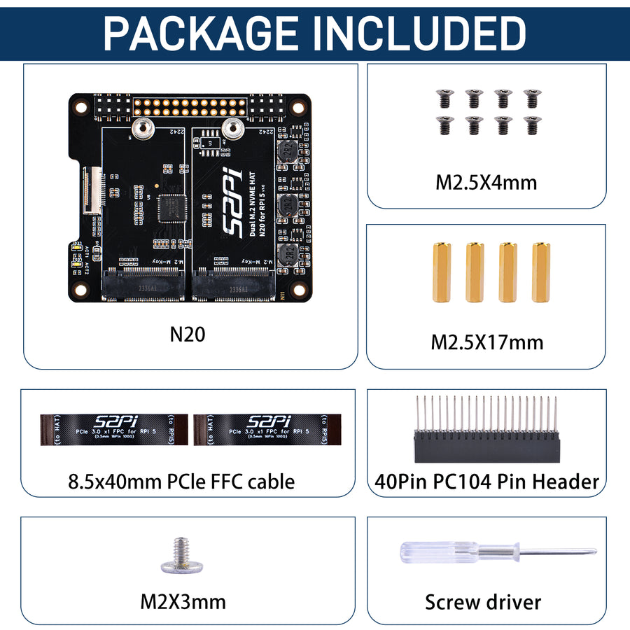 52Pi N20 Dual 2242 NVMe HAT for Raspberry Pi 5, Supprt Two 2242