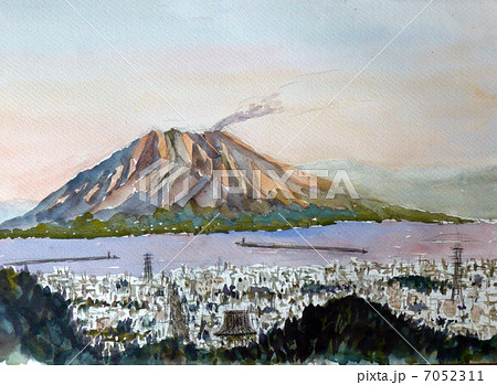 桜島のスケッチ画 南九州観光 噴火のイラスト素材 [7052311] - PIXTA
