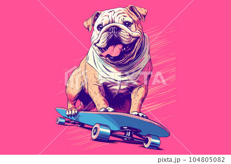 Cute bulldog holding a skateboard on a pinkのイラスト素材
