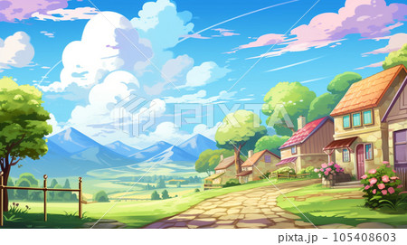 アニメ風 のどかな村の風景 Generative AIのイラスト素材 [105408603