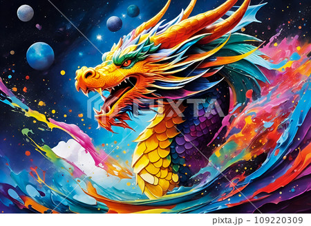 カラフルな龍が宇宙を背景に流動的に舞うイラストのイラスト素材