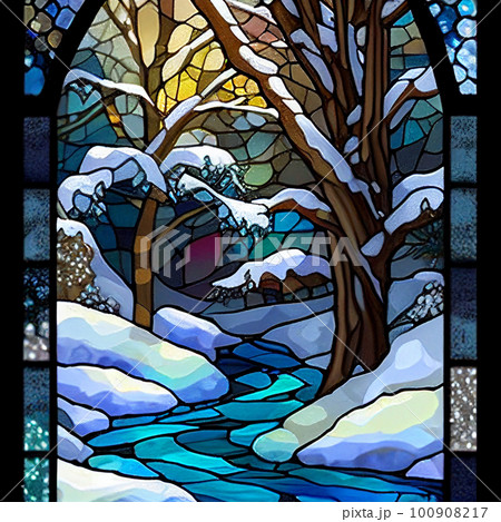 冬の森と雪 ステンドグラス風イラスト AI画像のイラスト素材