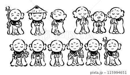 お地蔵さん 筆タッチ手描きイラスト 単色線画セットのイラスト素材