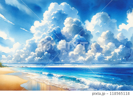 夏の海とビーチと青空と雲の水彩画のイラスト素材 [118565118] - PIXTA