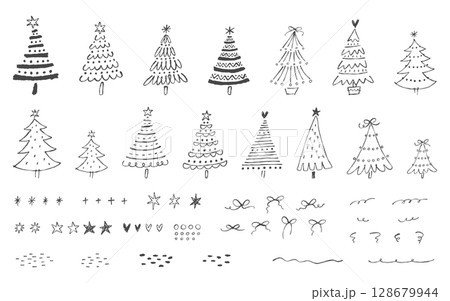 手描きのクリスマスツリーと装飾用素材のセット。ペンで描いた落書き