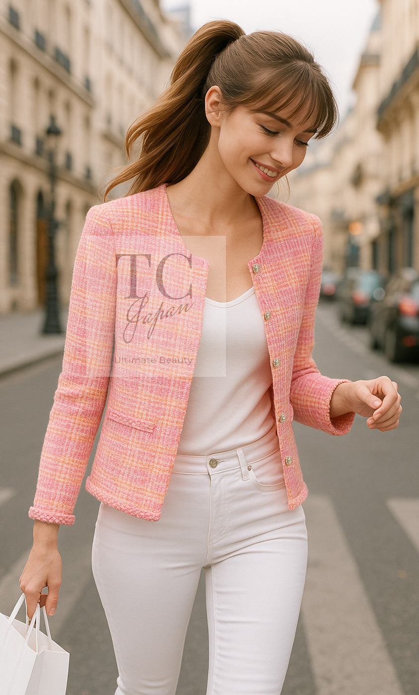 シャネル ジャケット CHANEL ピンク オレンジ ノーカラー ツイード 24C