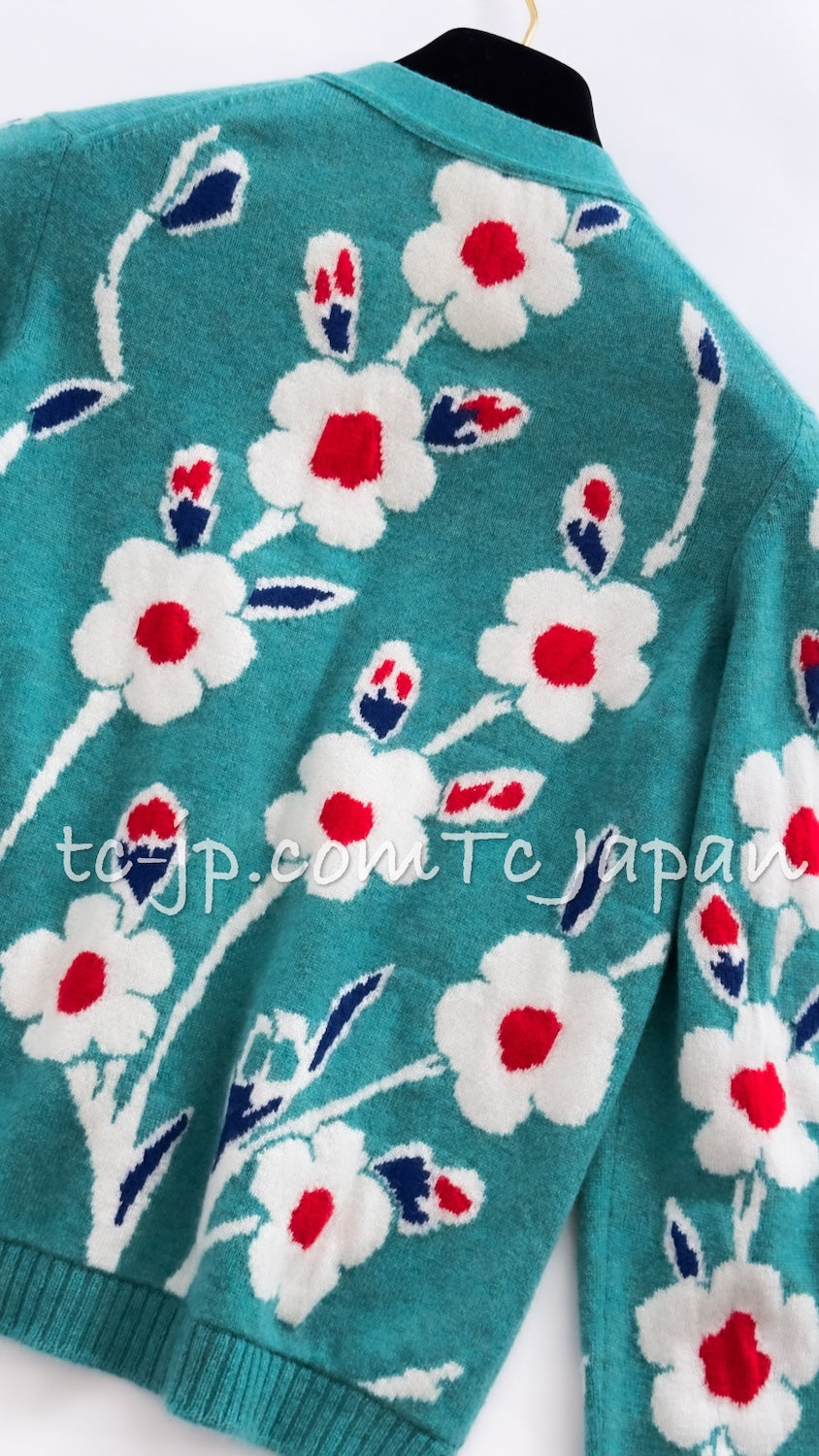 シャネル カーディガン CHANEL グリーン ターコイズ フラワー柄