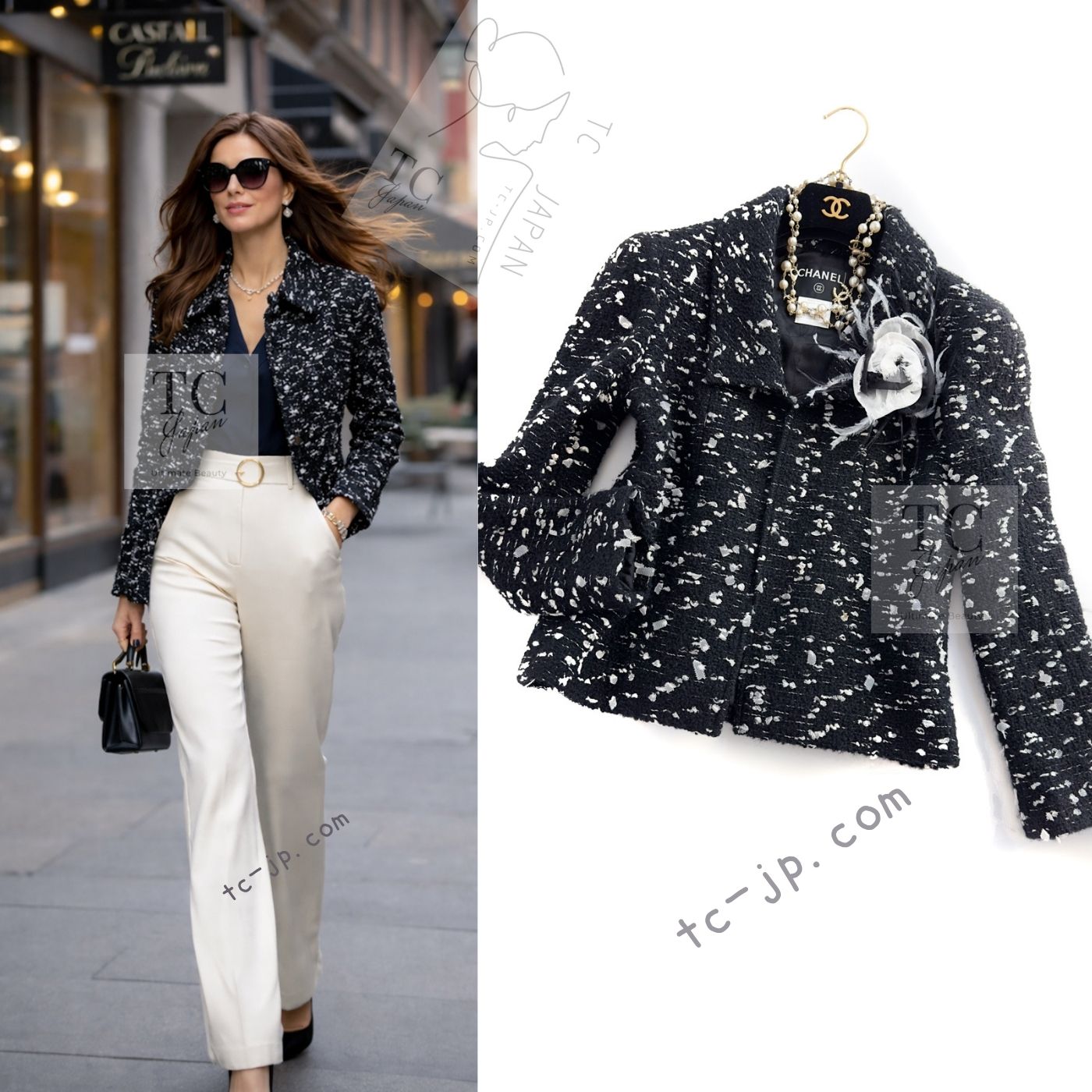 シャネル ジャケット CHANEL ブラック ホワイト ウール ツイード 02A