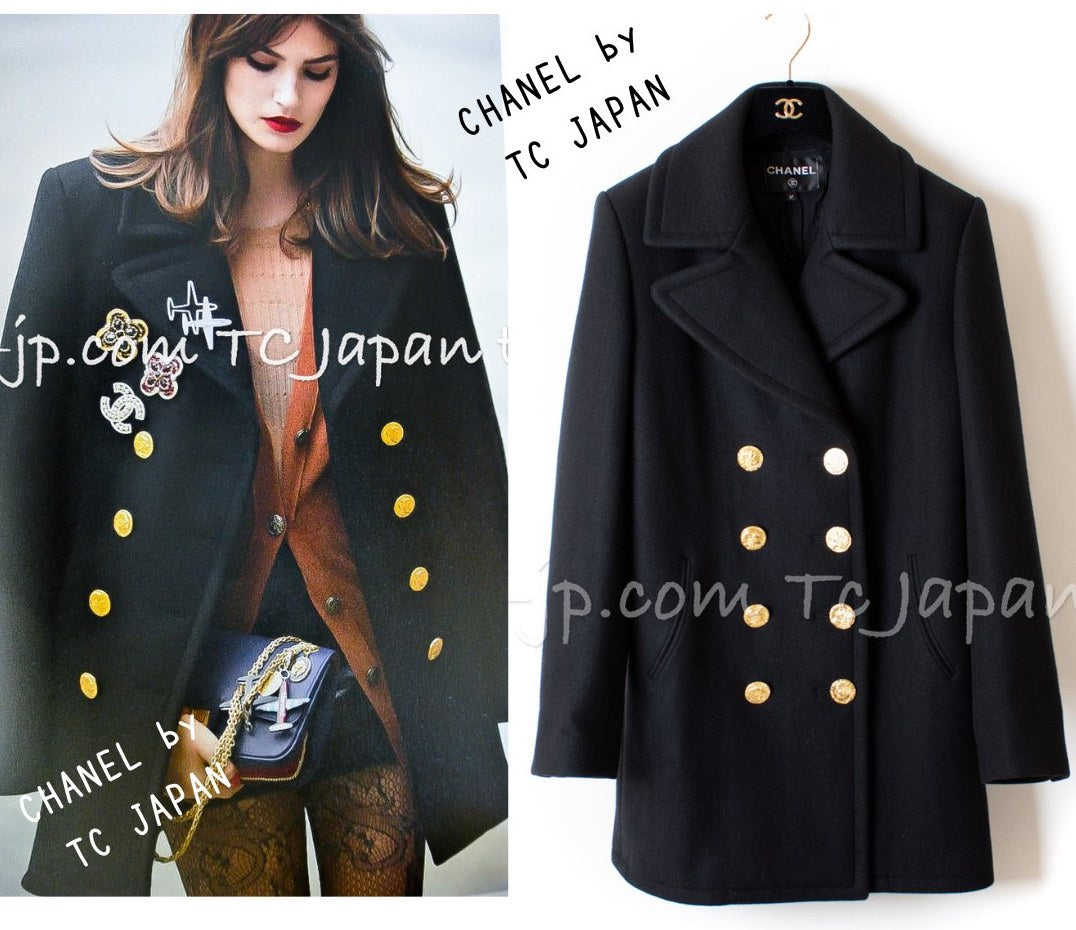 シャネル ピーコート CHANEL ブラック カシミア ゴールド ロゴ ボタン