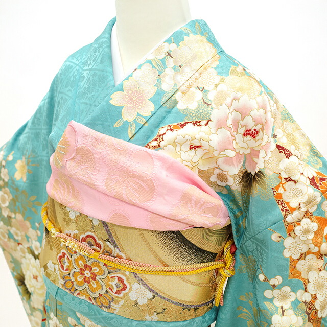 楽天市場】【新品】 振袖 着物 正絹 袷 刺繍 水色 扇子 四季の花 牡丹