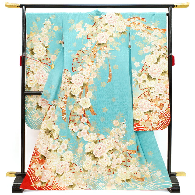 楽天市場】【新品】 振袖 袷 着物 正絹 絹 刺繍 水色 扇 四季の花 牡丹