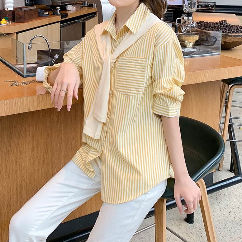 楽天市場】肩掛け付きストライプシャツ トップス レディース シャツ