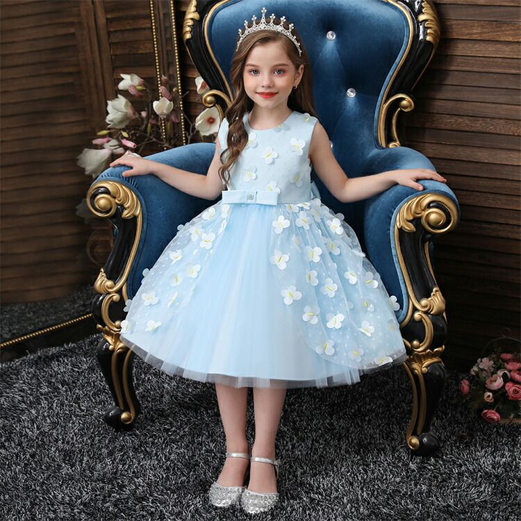 楽天市場】全4色 子供ドレス ブルー 水色 女児ドレス ミモレ丈 七五三