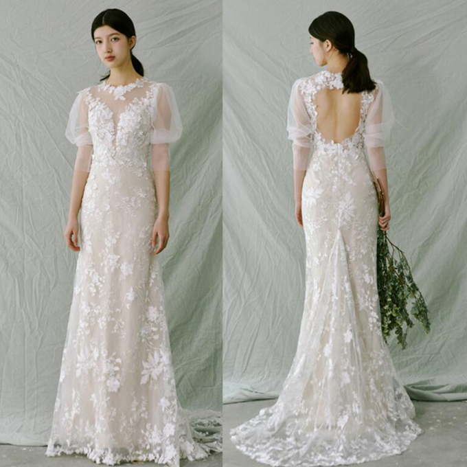 楽天市場】ウェディングドレス レース袖あり 長いフィッシュテール