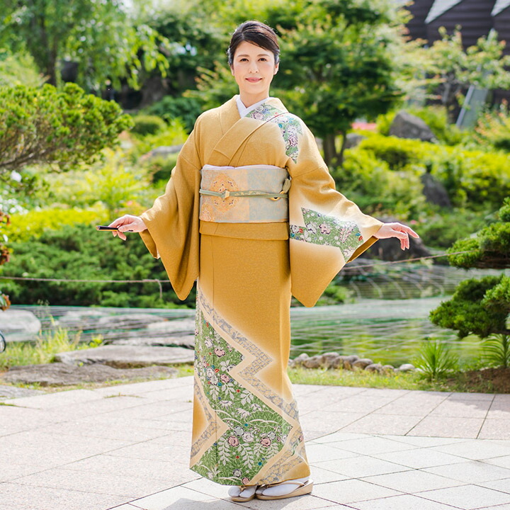 訪問着 フルセット 着物 正絹 カーキ 緑 孔雀の羽 藤の花 祝い事 豪華