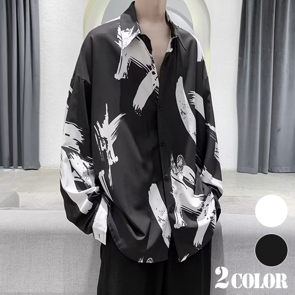 楽天市場】柄シャツ 筆絵 グラフィティ 和柄 墨 プリント 長袖シャツ