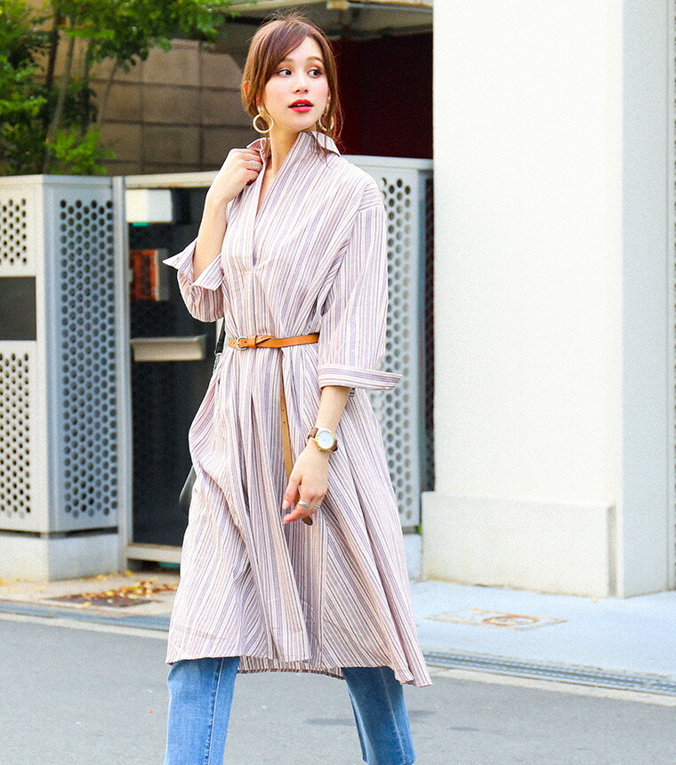 楽天市場】ストライプ シャツワンピ ロング 七分袖 秋 冬 ワイド