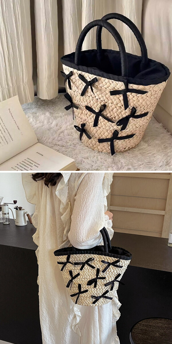 楽天市場】リボンカゴバック りぼん ラタン かごバック ストローバック