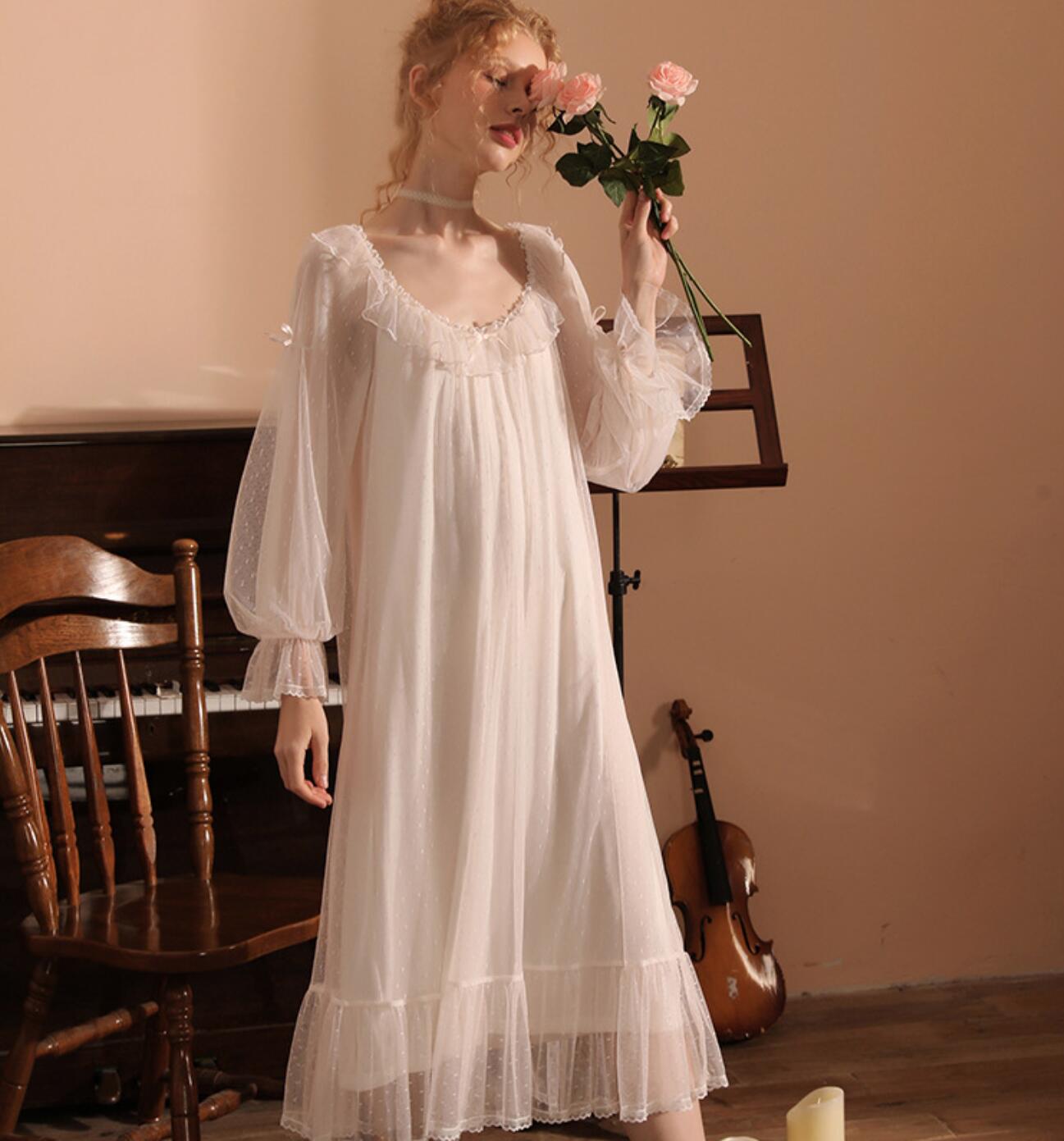 楽天市場】ロング ネグリジェ ルームウエア 長袖 春夏 レース チュール