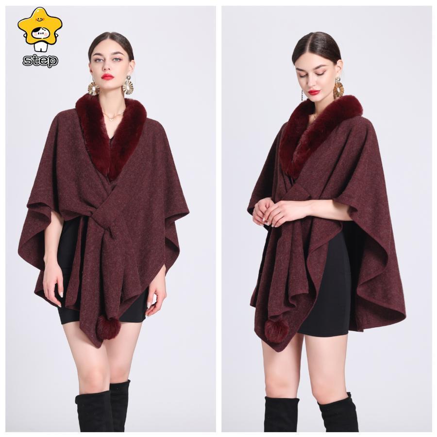 楽天市場】ニットポンチョ エコファー付き ポンチョコート ストール