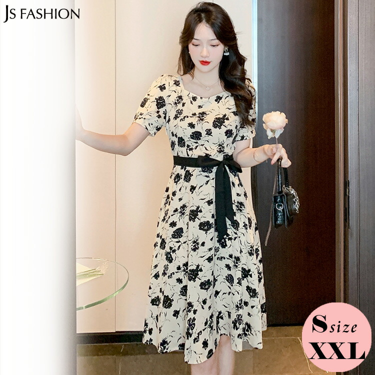 楽天市場】花柄 ワンピース ウエストリボン Aライン 花柄ワンピ フレア