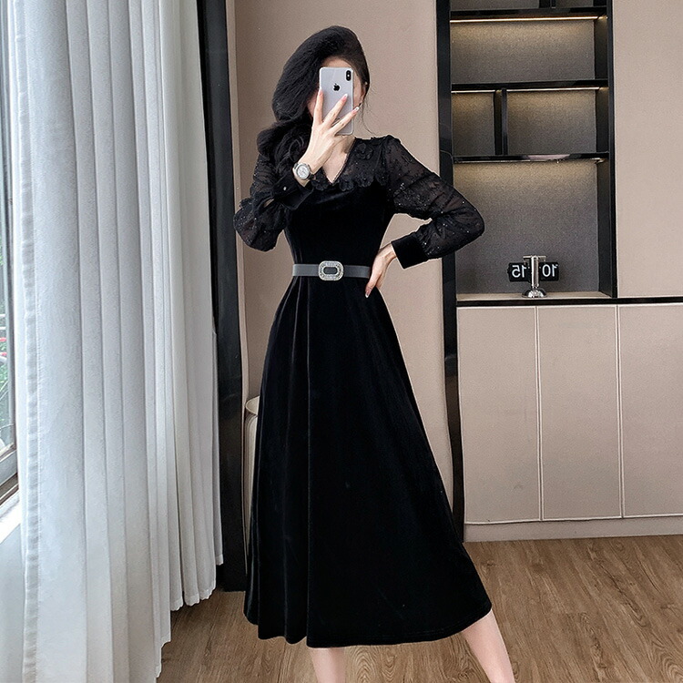 楽天市場】ベロアワンピース ベルト付き フラワーモチーフ Vネック