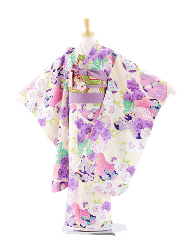 七五三 3歳女の子 着物セット ピンク市松 紫桜 オフ白 乱菊 クリーム色