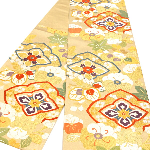 m-61 花織 袋帯 正絹 六通 美品 正絹 ✿唐織 金糸 六通柄 袋帯