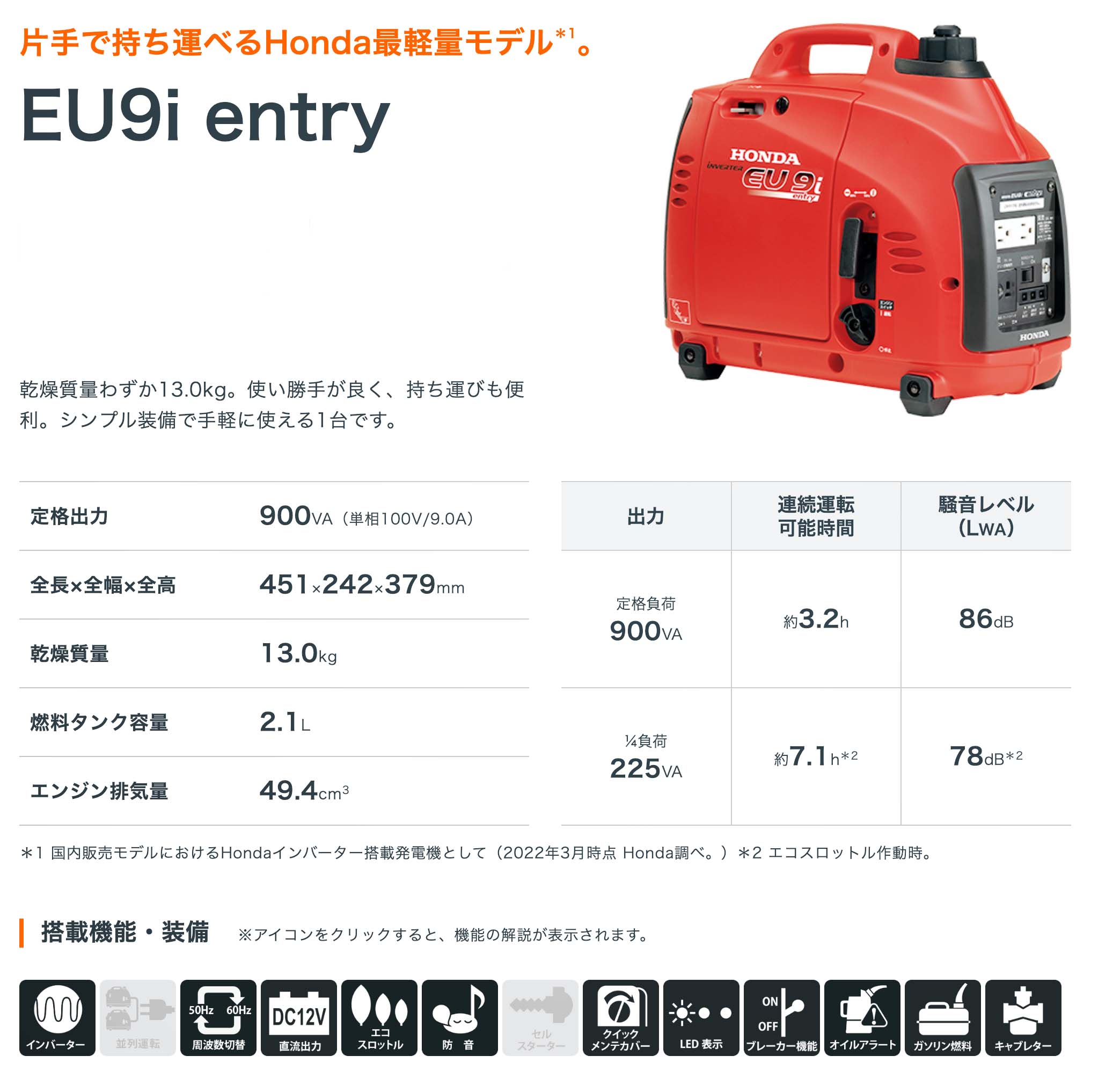 楽天市場】送料無料□ホンダ・発電機 EU9i entry□純正オイル1L付