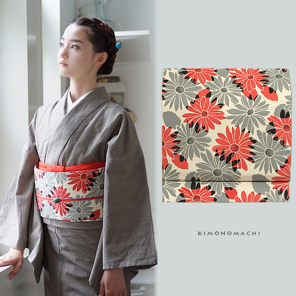 楽天市場】木綿名古屋帯「オレンジレッド×グレー マーガレット」長尺も